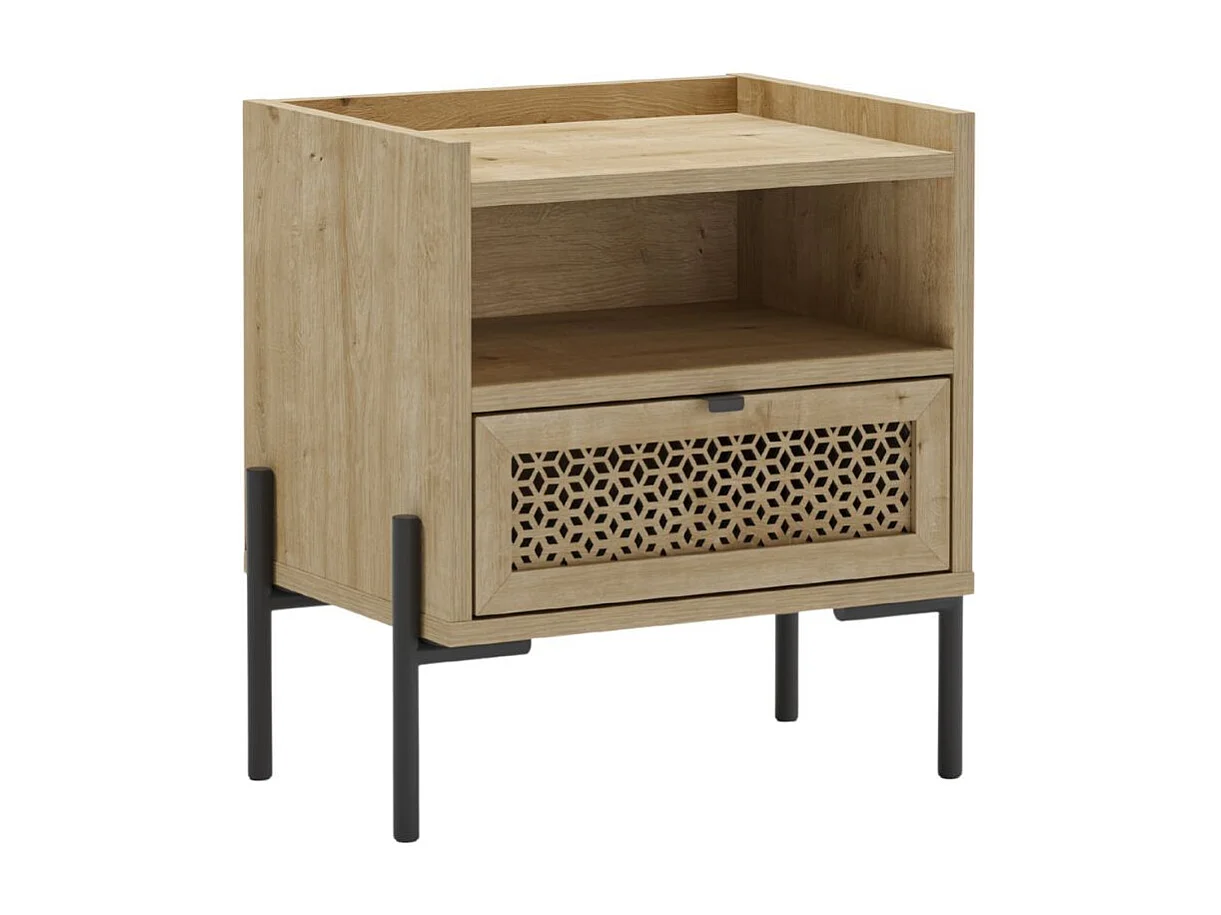 Chevet 1 tiroir sculpté et 1 niche en mélaminé imitation bois clair piètement métal noir. - MELISSA