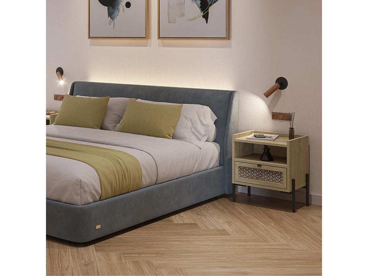 Chevet 1 tiroir sculpté et 1 niche en mélaminé imitation bois clair piètement métal noir. - MELISSA