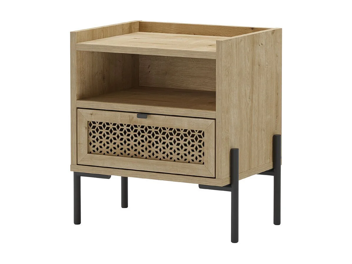 Chevet 1 tiroir sculpté et 1 niche en mélaminé imitation bois clair piètement métal noir. - MELISSA