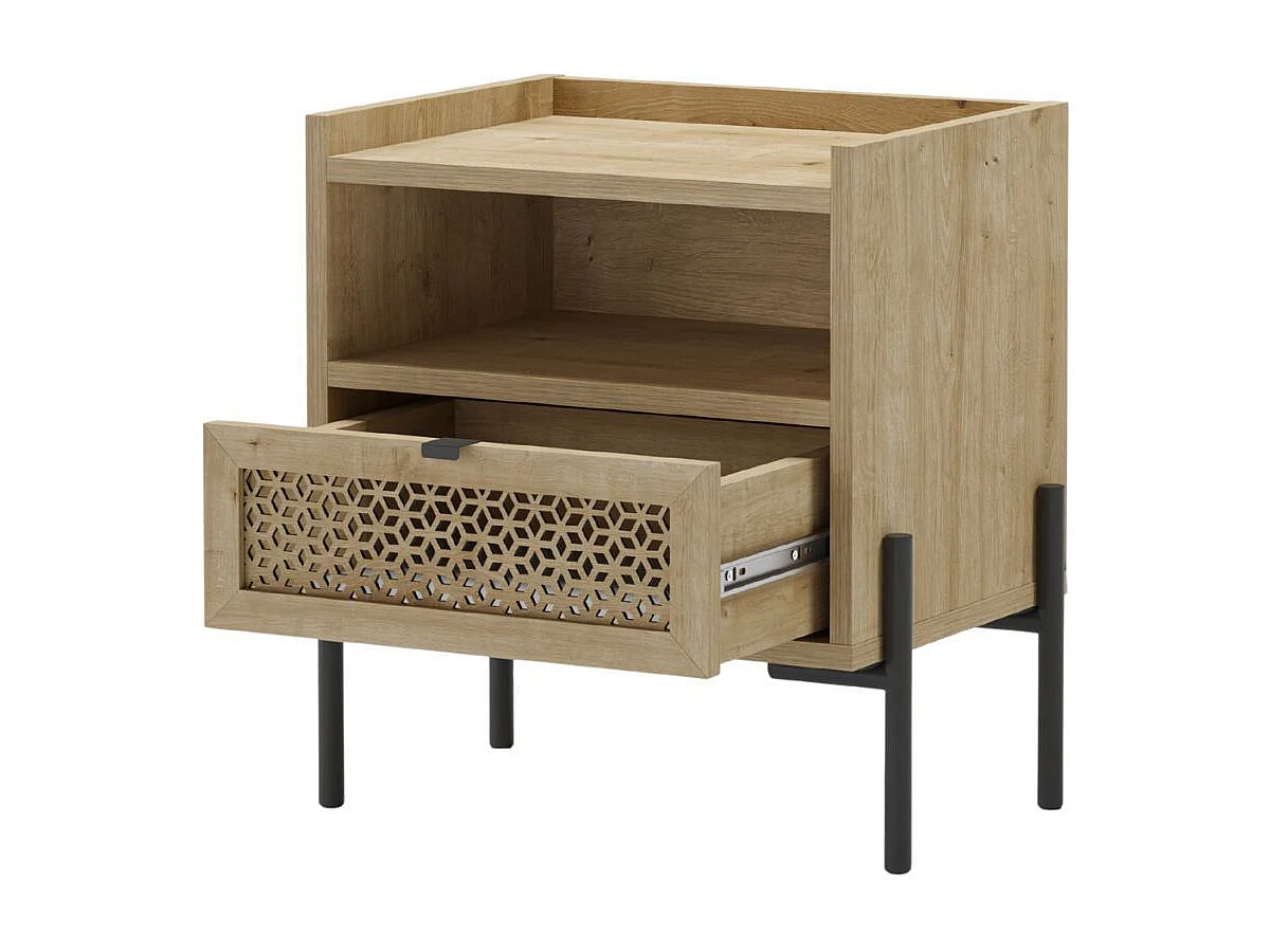 Chevet 1 tiroir sculpté et 1 niche en mélaminé imitation bois clair piètement métal noir. - MELISSA