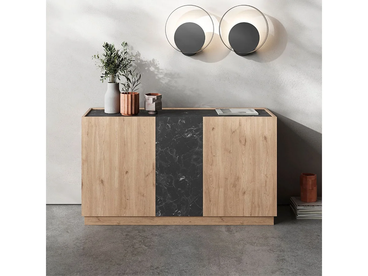 Buffet 3 portes 140cm en mélaminé imitation bois et marbre noir - ODALYS