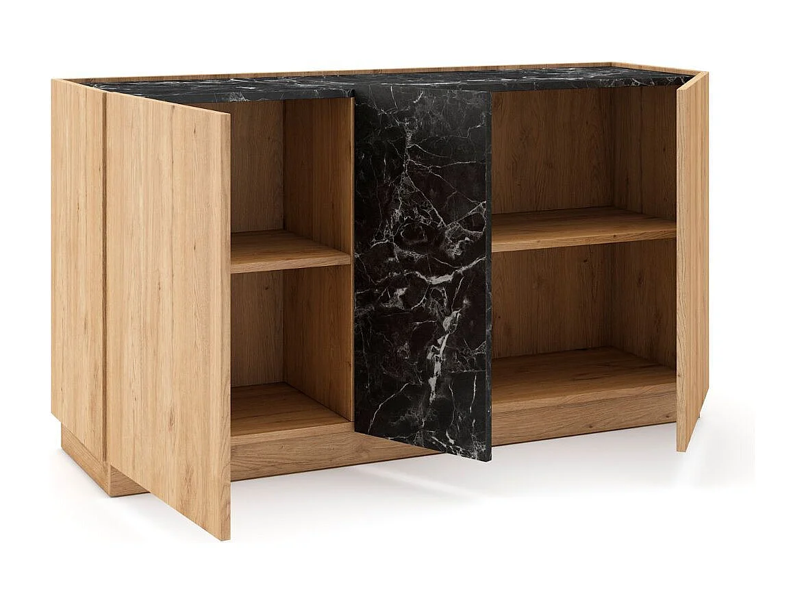 Buffet 3 portes 140cm en mélaminé imitation bois et marbre noir - ODALYS