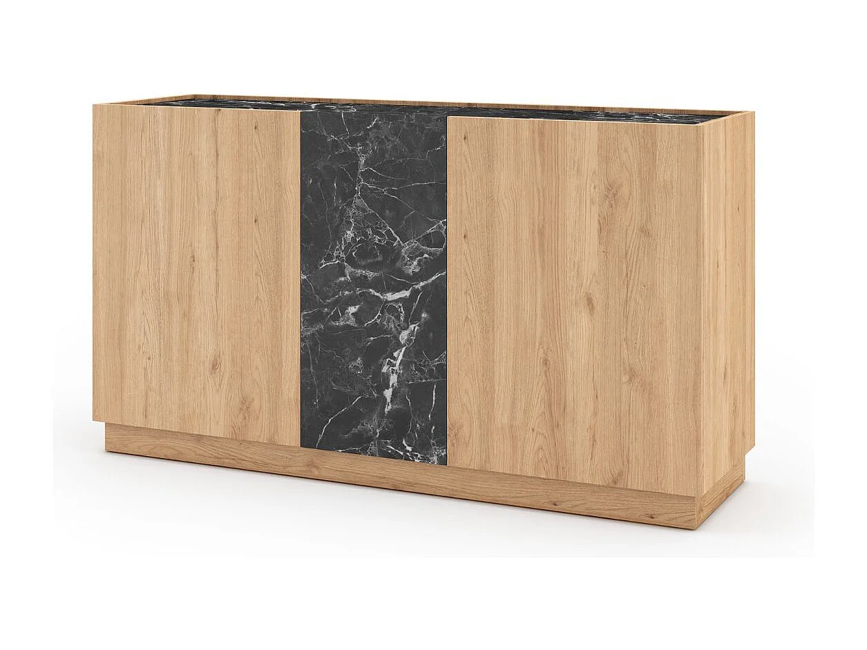 Buffet 3 portes 140cm en mélaminé imitation bois et marbre noir - ODALYS