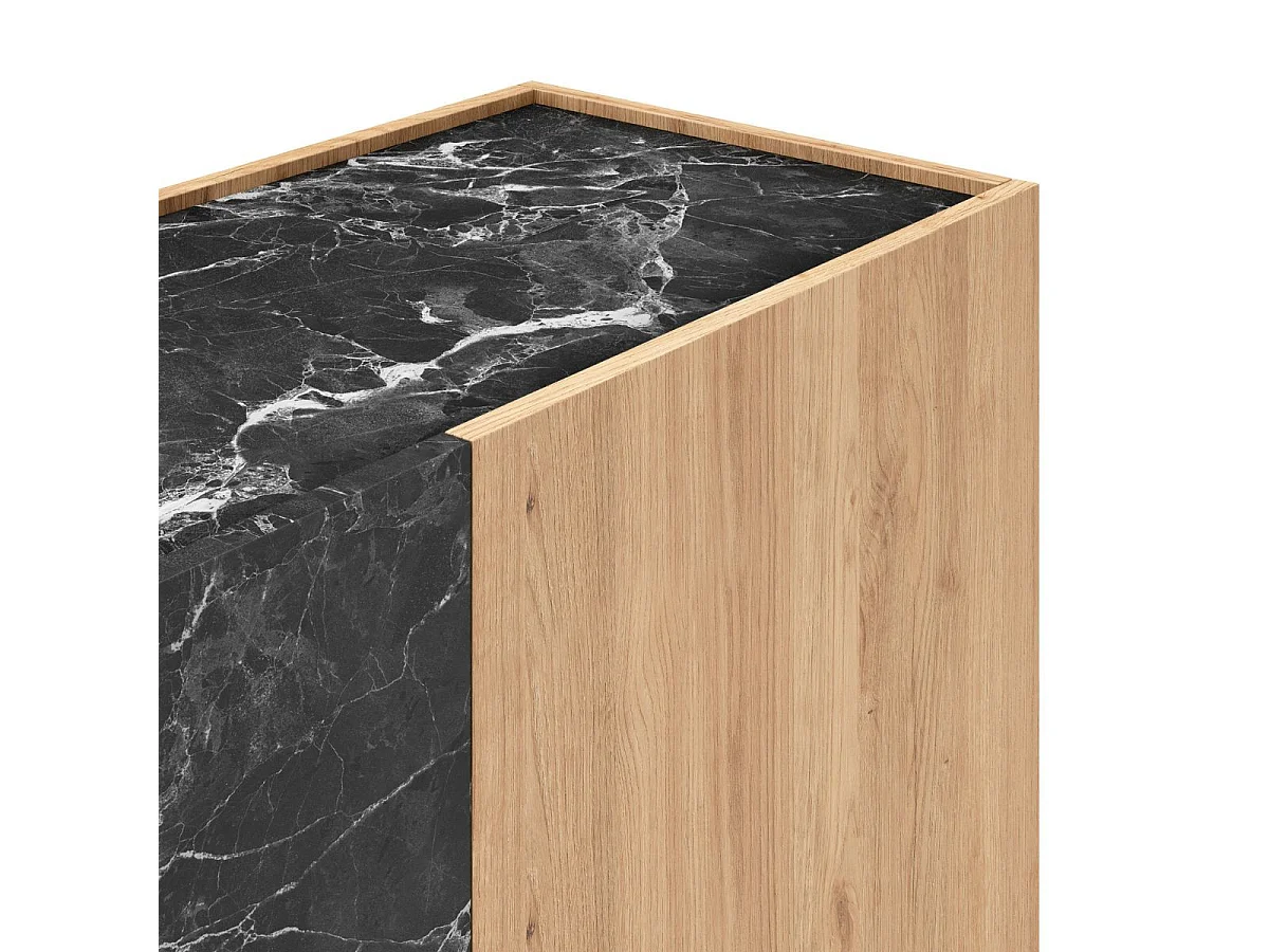 Buffet 3 portes 140cm en mélaminé imitation bois et marbre noir - ODALYS