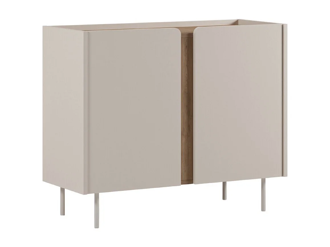 Meuble de rangement 2 portes en mélaminé beige et imitation bois avec découpe graphique bandeau - LIWENN