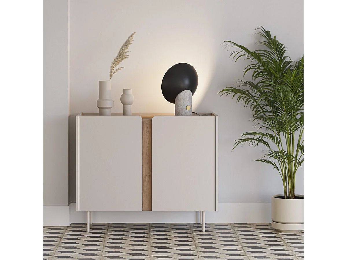 Meuble de rangement 2 portes en mélaminé beige et imitation bois avec découpe graphique bandeau - LIWENN