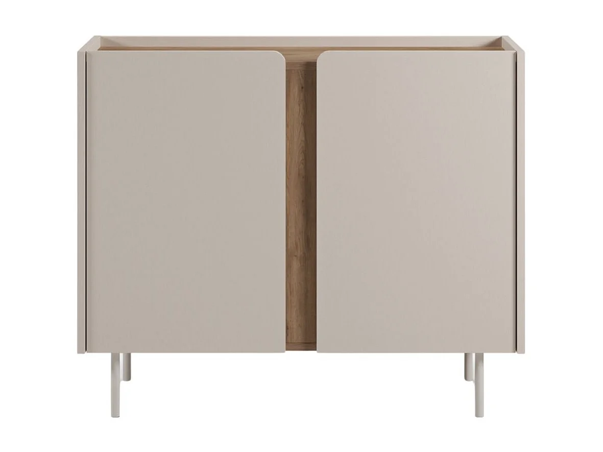 Meuble de rangement 2 portes en mélaminé beige et imitation bois avec découpe graphique bandeau - LIWENN