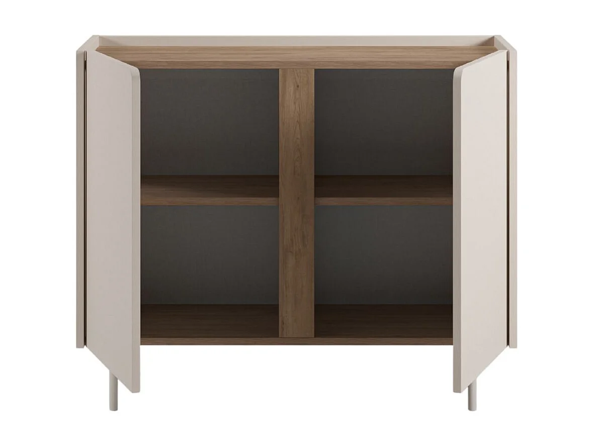 Meuble de rangement 2 portes en mélaminé beige et imitation bois avec découpe graphique bandeau - LIWENN