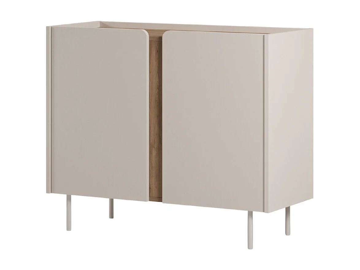 Meuble de rangement 2 portes en mélaminé beige et imitation bois avec découpe graphique bandeau - LIWENN