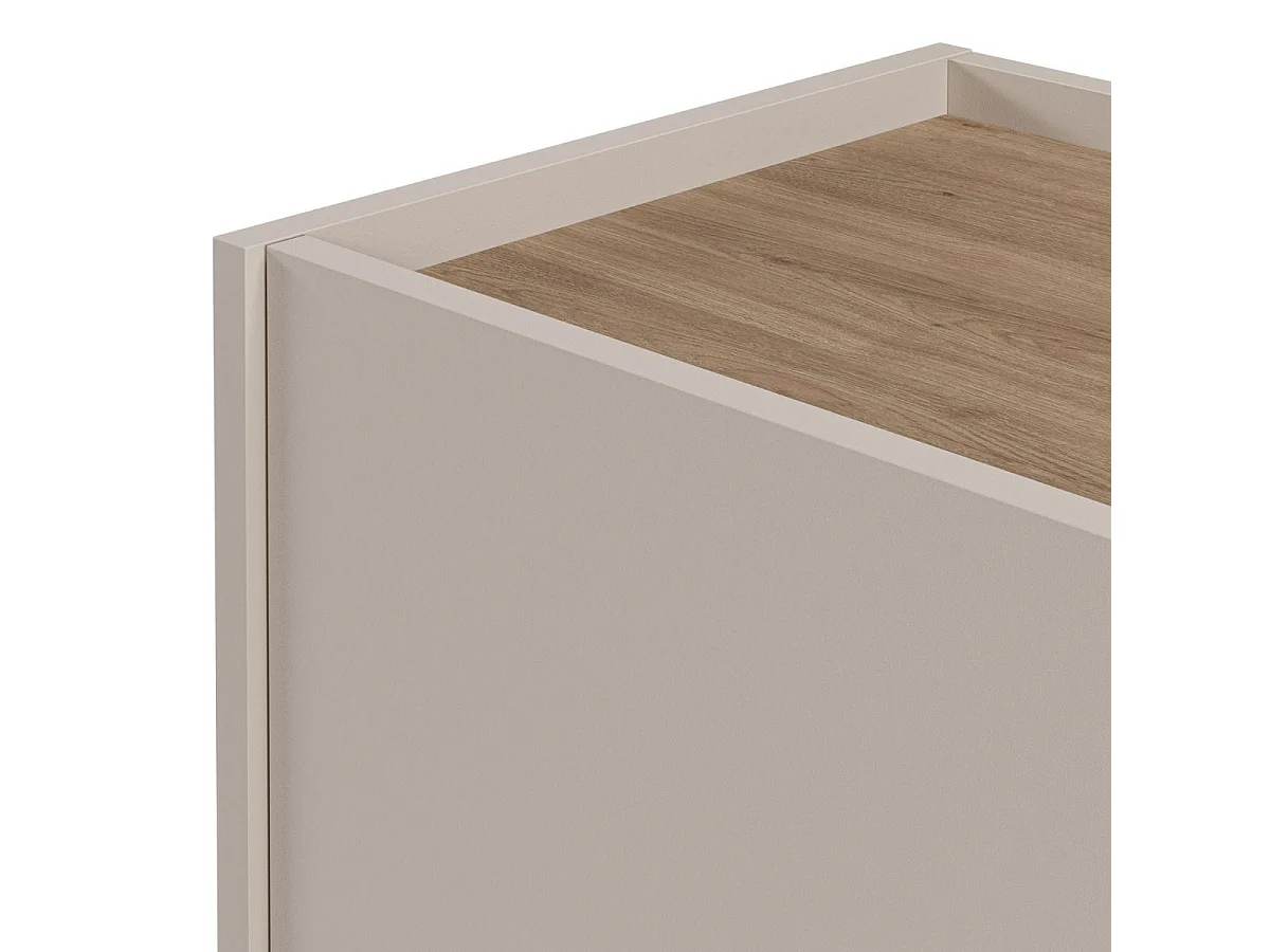 Meuble de rangement 2 portes en mélaminé beige et imitation bois avec découpe graphique bandeau - LIWENN