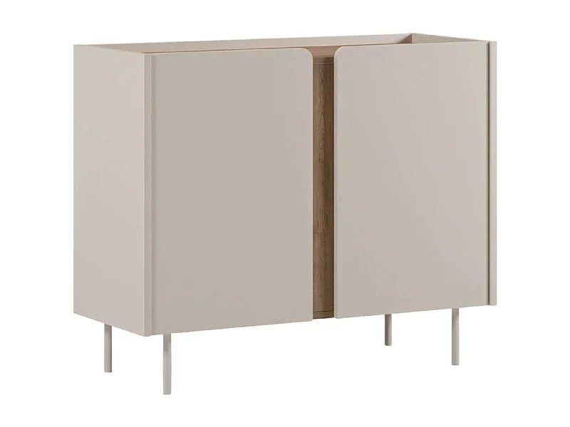 Meuble de rangement 2 portes en mélaminé beige et imitation bois avec découpe graphique bandeau - LIWENN