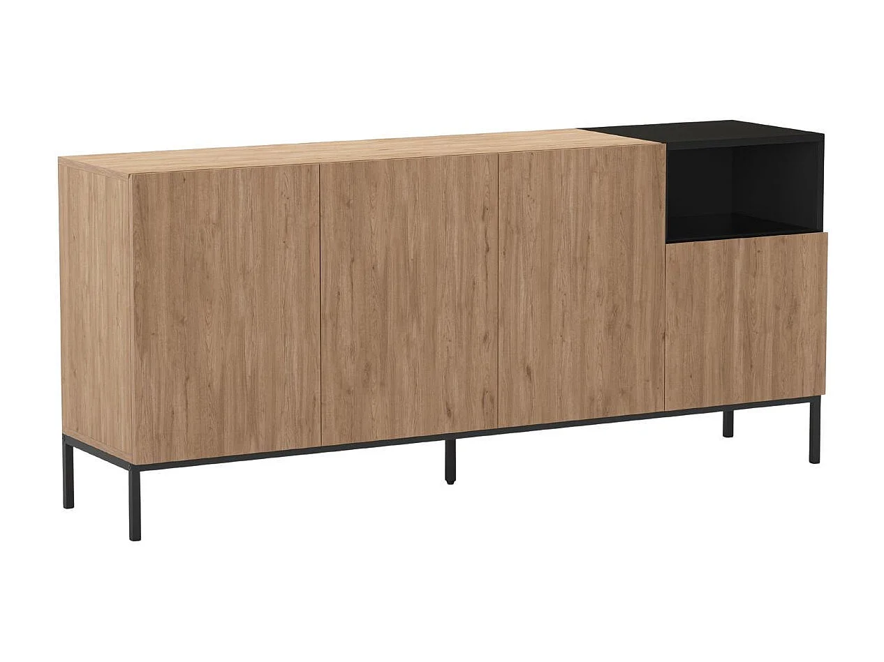 Buffet 4 portes 1 niche en mélaminé imitation bois et noir piètement métal laqué noir - CALLAS