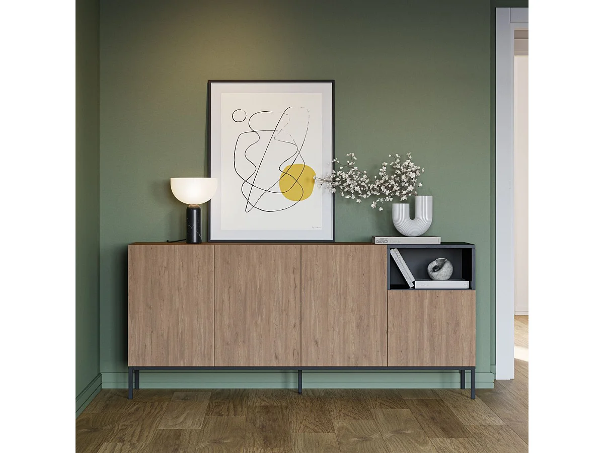 Buffet 4 portes 1 niche en mélaminé imitation bois et noir piètement métal laqué noir - CALLAS