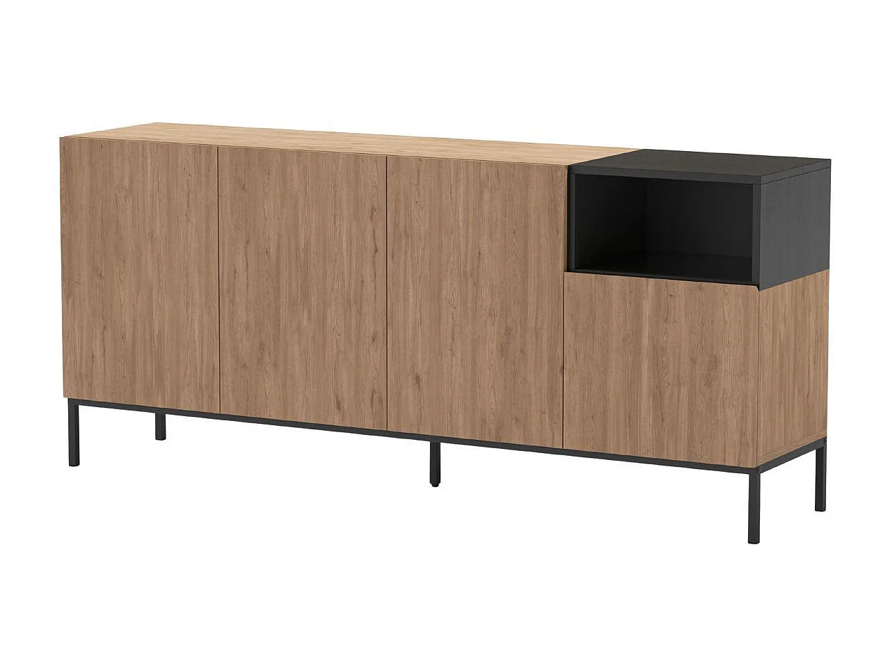 Buffet 4 portes 1 niche en mélaminé imitation bois et noir piètement métal laqué noir - CALLAS