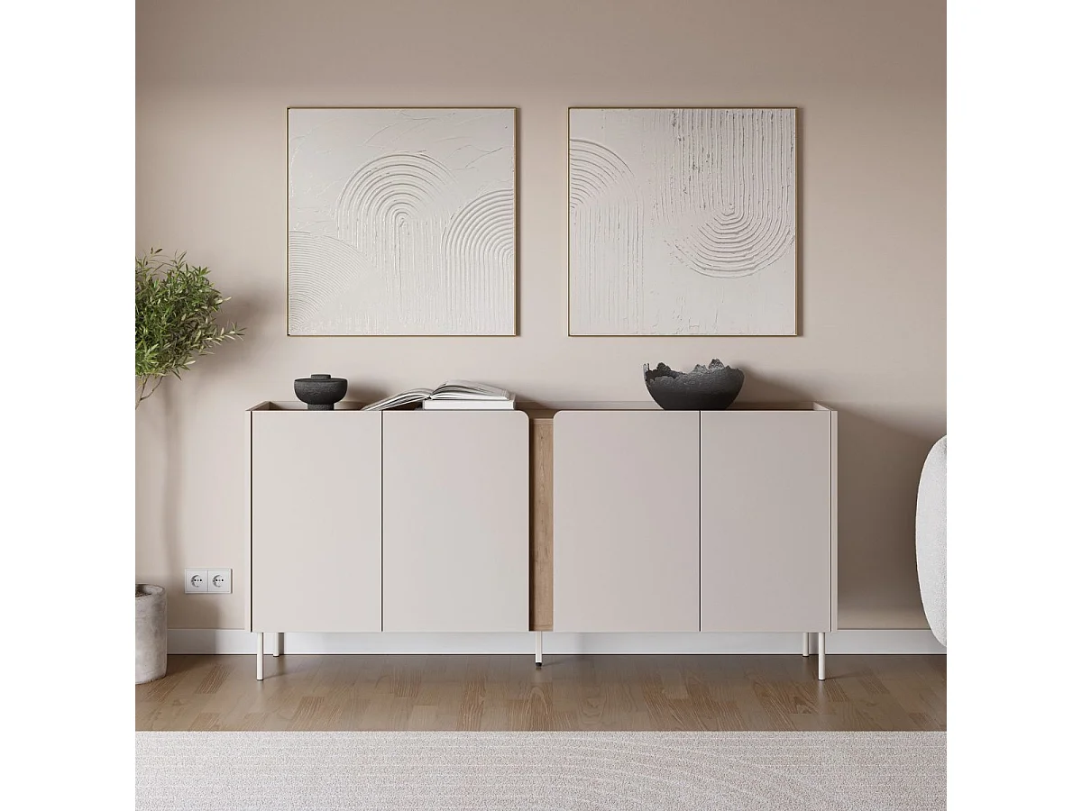 Buffet 4 portes 180cm en mélaminé beige et imitation bois avec découpe graphique bandeau - LIWENN