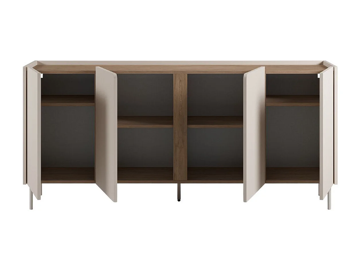 Buffet 4 portes 180cm en mélaminé beige et imitation bois avec découpe graphique bandeau - LIWENN