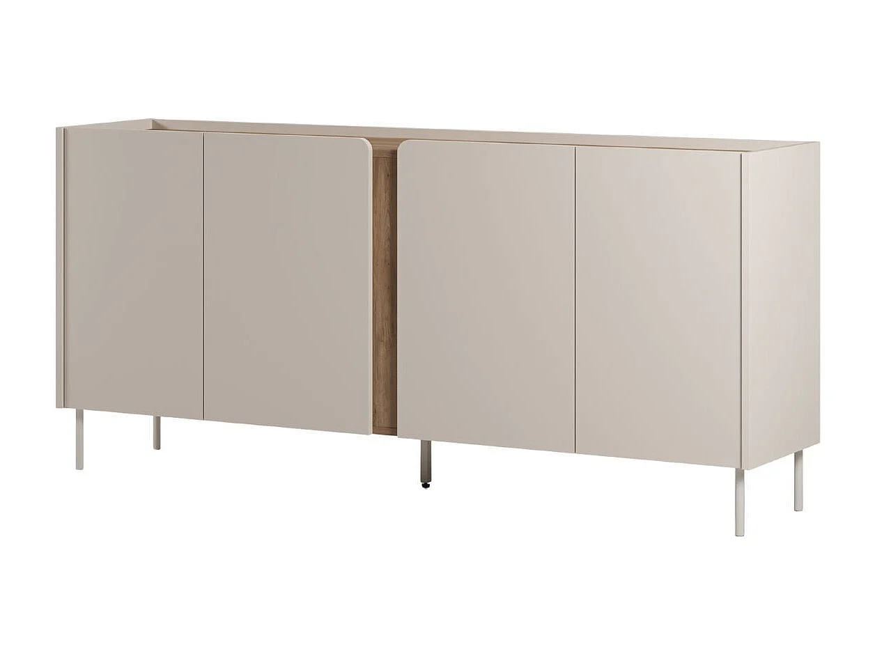 Buffet 4 portes 180cm en mélaminé beige et imitation bois avec découpe graphique bandeau - LIWENN