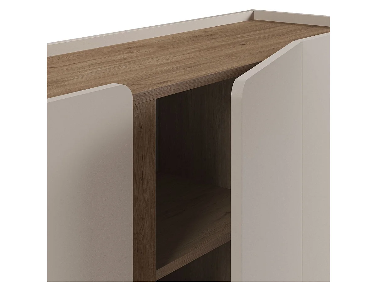Buffet 4 portes 180cm en mélaminé beige et imitation bois avec découpe graphique bandeau - LIWENN