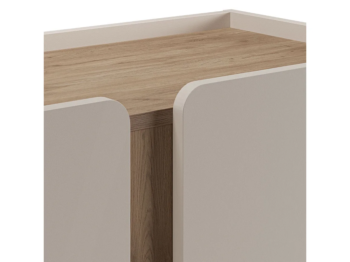 Meuble d'appoint 2 portes en mélaminé beige et imitation bois avec découpe graphique bandeau - LIWENN