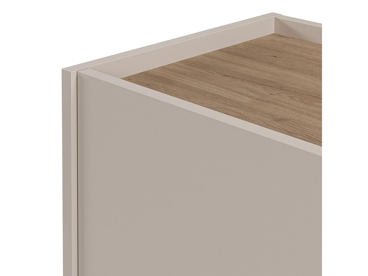 Meuble d'appoint 2 portes en mélaminé beige et imitation bois avec découpe graphique bandeau - LIWENN