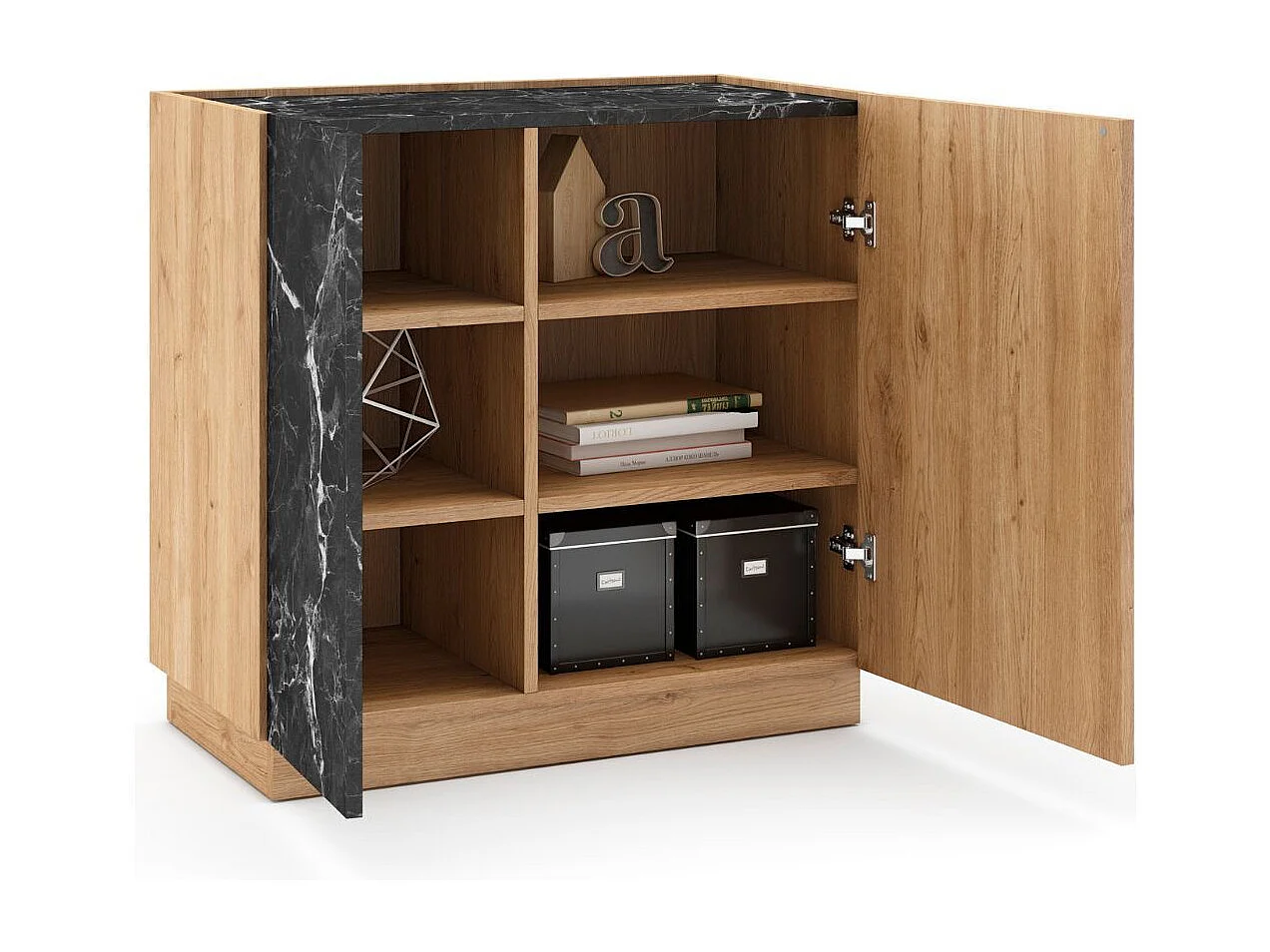 Buffet 2 portes en mélaminé imitation bois et marbre noir - ODALYS