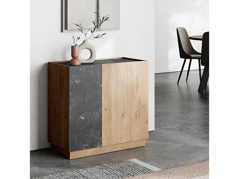 Buffet 2 portes en mélaminé imitation bois et marbre noir - ODALYS