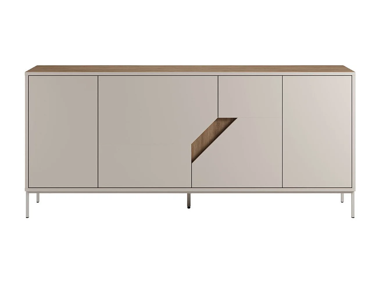 Buffet 4 portes 180cm en mélaminé beige et imitation bois avec découpe graphique oblique - ANOUK