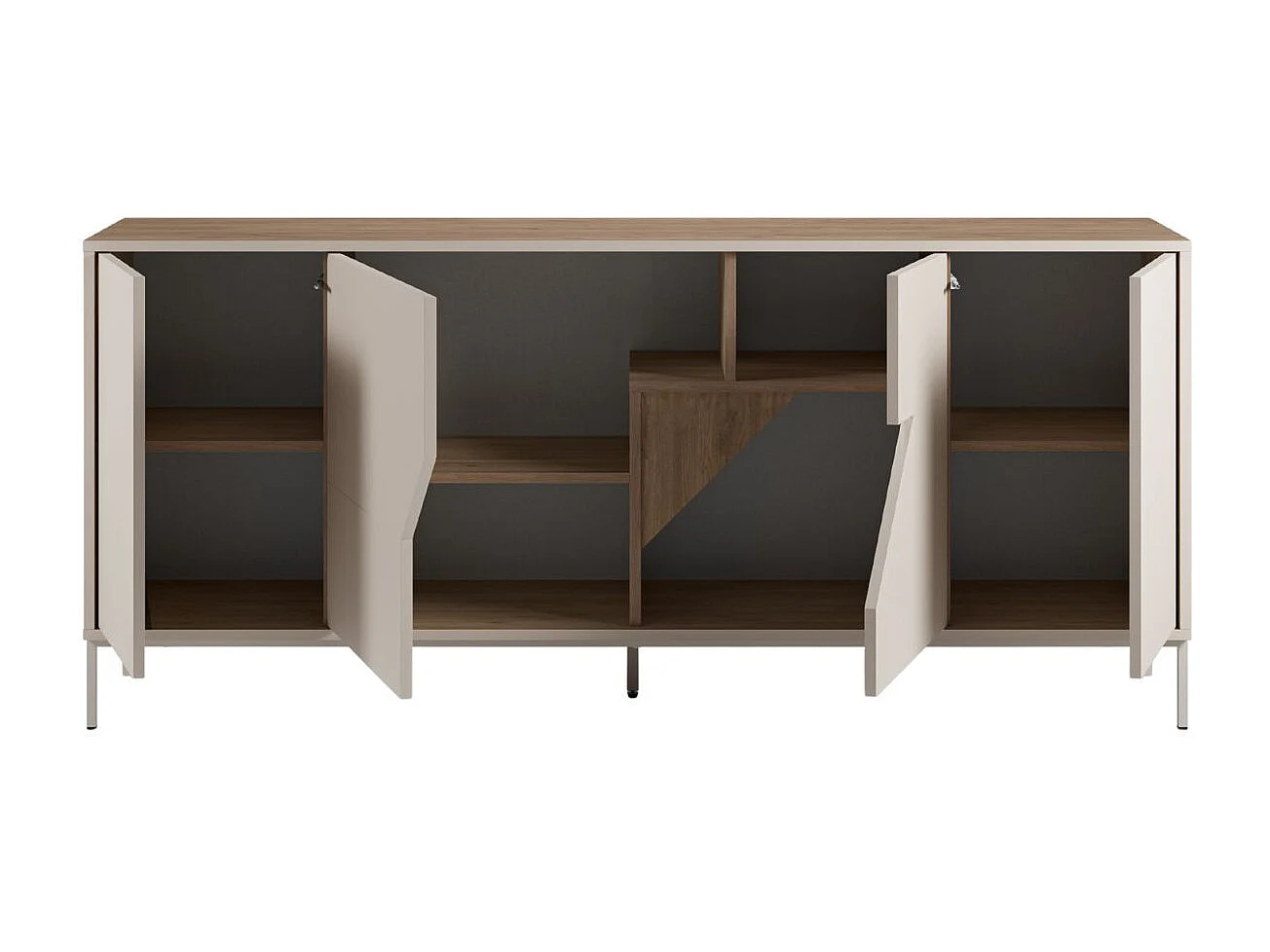 Buffet 4 portes 180cm en mélaminé beige et imitation bois avec découpe graphique oblique - ANOUK