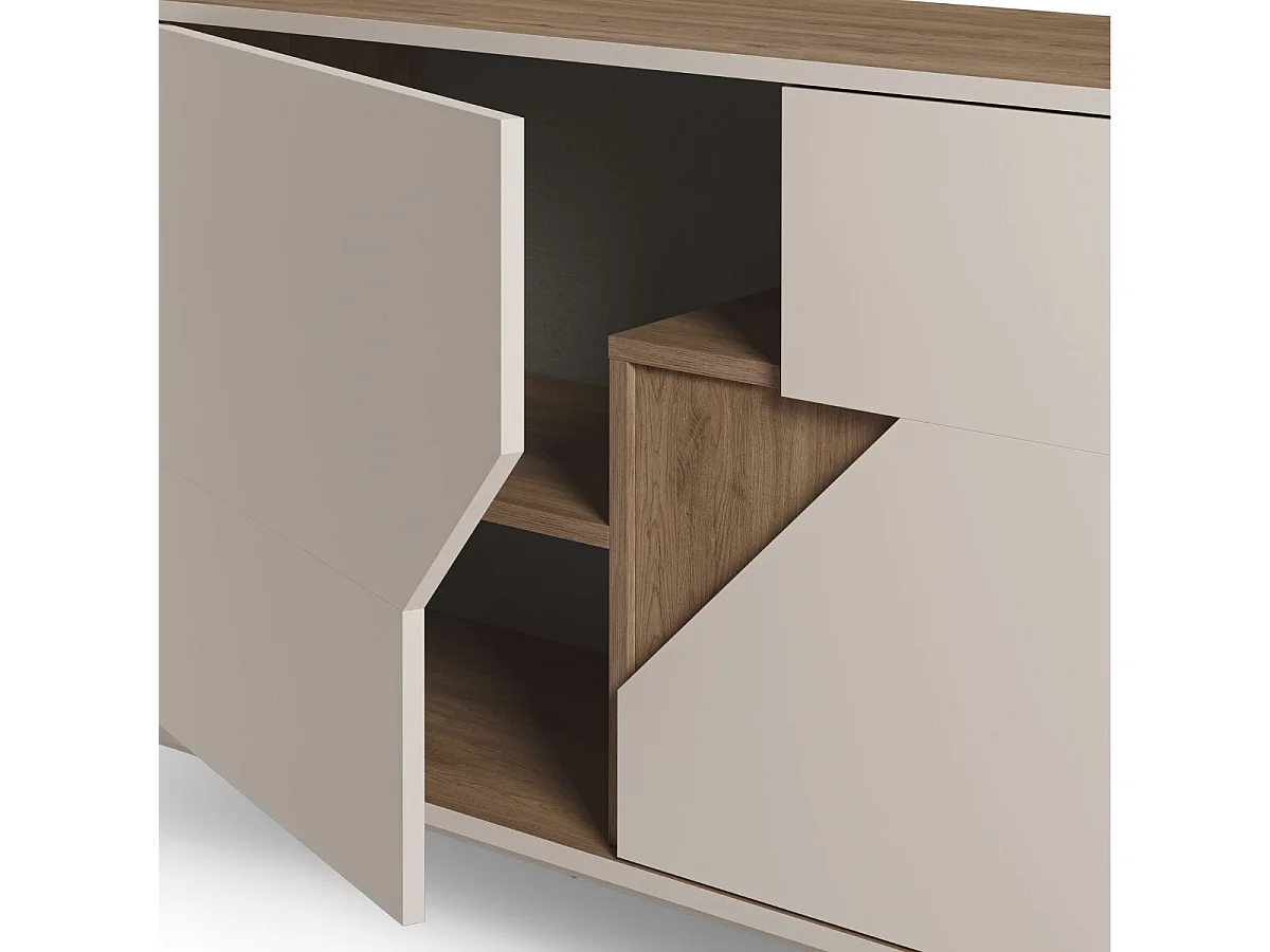 Buffet 4 portes 180cm en mélaminé beige et imitation bois avec découpe graphique oblique - ANOUK