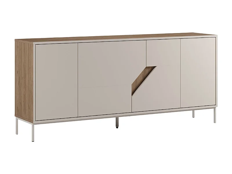 Buffet 4 portes 180cm en mélaminé beige et imitation bois avec découpe graphique oblique - ANOUK