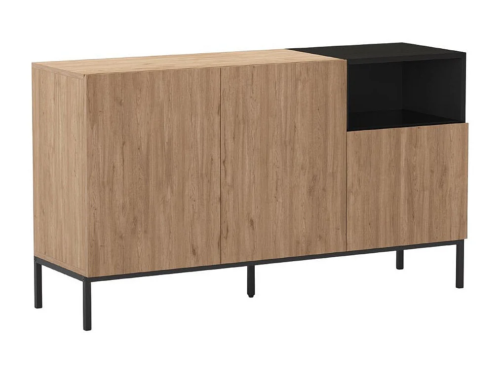 Buffet 3 portes 1 niche en mélaminé imitation bois et noir piètement métal laqué noir - CALLAS