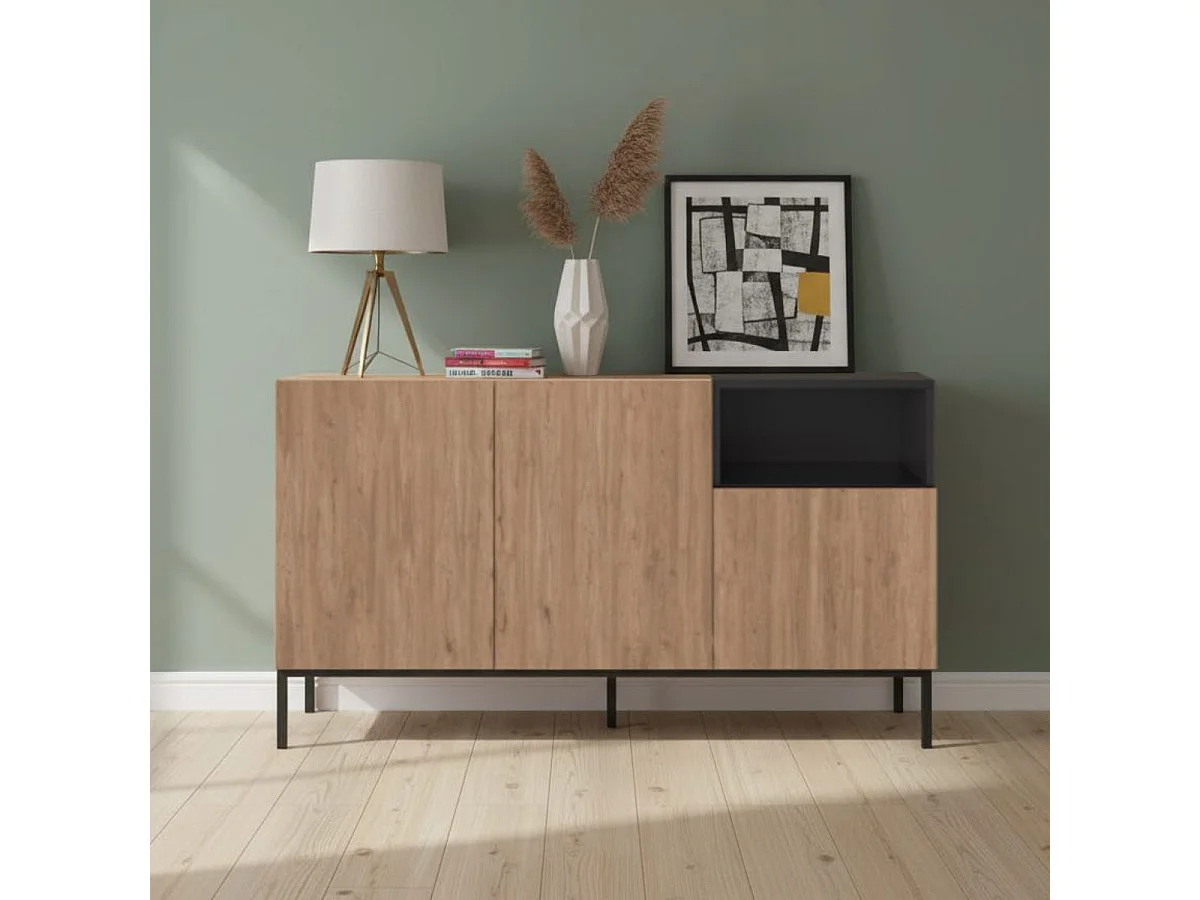 Buffet 3 portes 1 niche en mélaminé imitation bois et noir piètement métal laqué noir - CALLAS