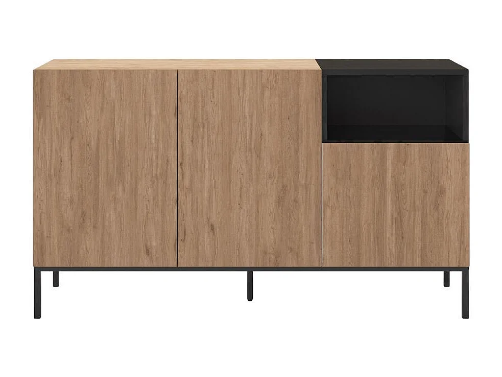 Buffet 3 portes 1 niche en mélaminé imitation bois et noir piètement métal laqué noir - CALLAS