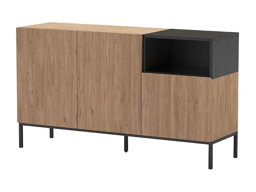 Buffet 3 portes 1 niche en mélaminé imitation bois et noir piètement métal laqué noir - CALLAS