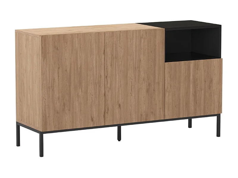 Buffet 3 portes 1 niche en mélaminé imitation bois et noir piètement métal laqué noir - CALLAS