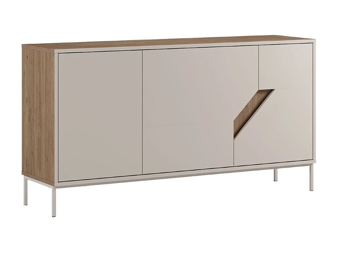 Buffet 3 portes 150cm en mélaminé beige et imitation bois avec découpe graphique oblique - ANOUK