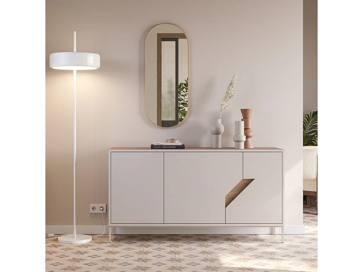 Buffet 3 portes 150cm en mélaminé beige et imitation bois avec découpe graphique oblique - ANOUK