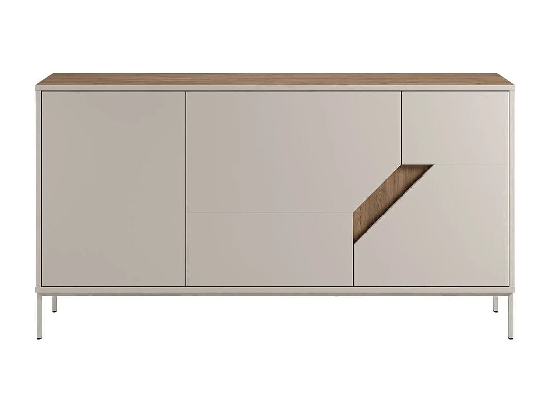 Buffet 3 portes 150cm en mélaminé beige et imitation bois avec découpe graphique oblique - ANOUK