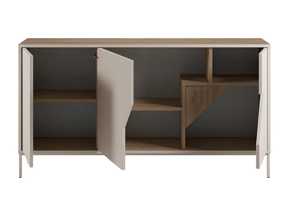 Buffet 3 portes 150cm en mélaminé beige et imitation bois avec découpe graphique oblique - ANOUK