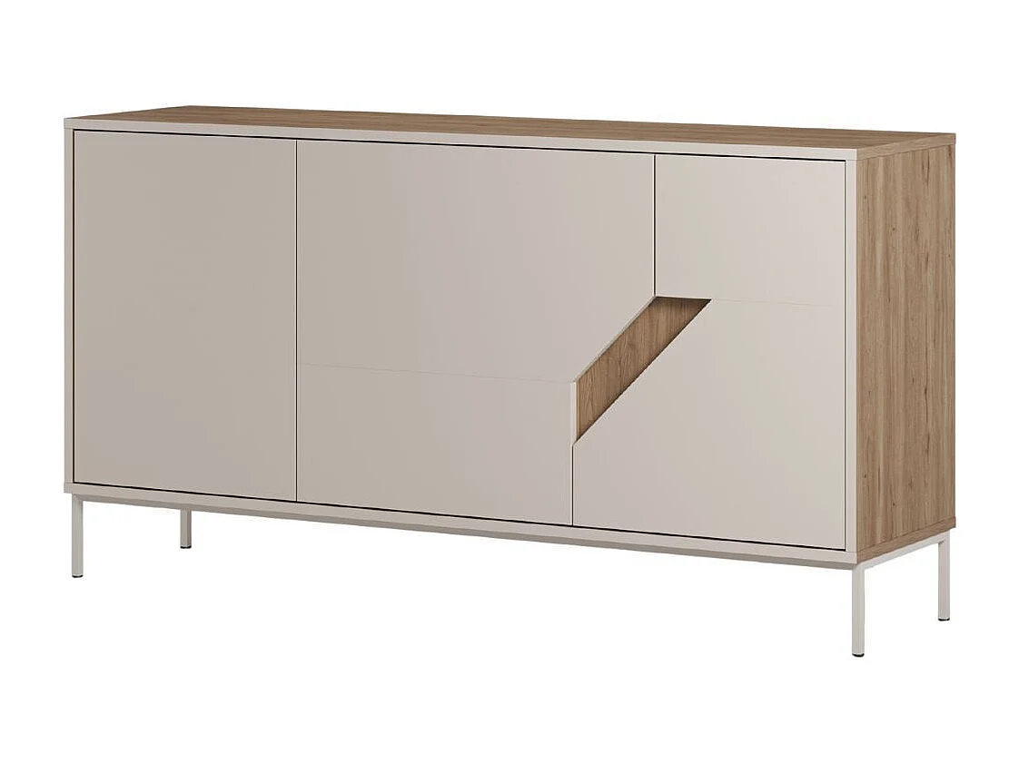 Buffet 3 portes 150cm en mélaminé beige et imitation bois avec découpe graphique oblique - ANOUK