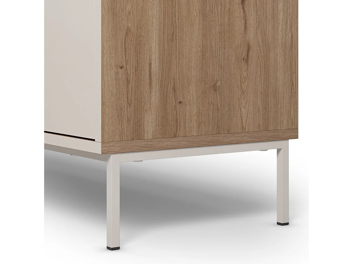 Buffet 3 portes 150cm en mélaminé beige et imitation bois avec découpe graphique oblique - ANOUK
