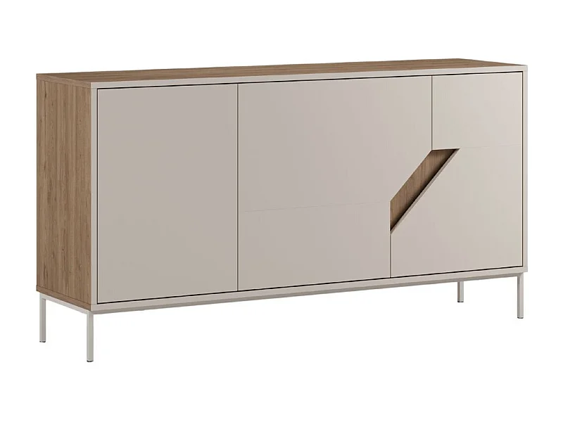 Buffet 3 portes 150cm en mélaminé beige et imitation bois avec découpe graphique oblique - ANOUK