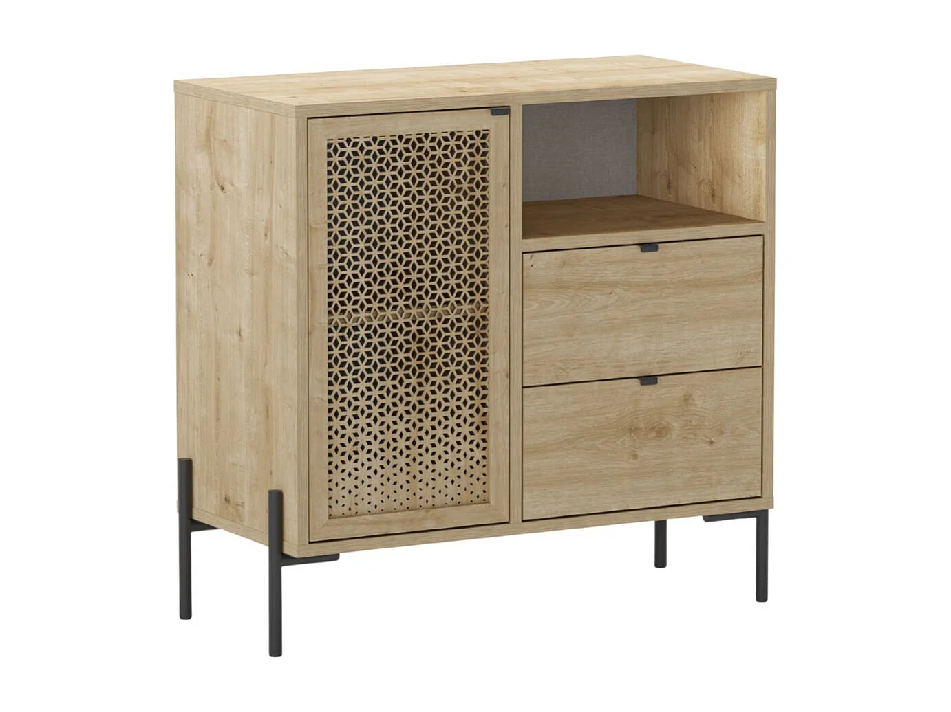 Meuble de rangement 1 porte 2 tiroirs en mélaminé imitation bois clair avec 1 porte sculptée piètement métal noir - MELISSA