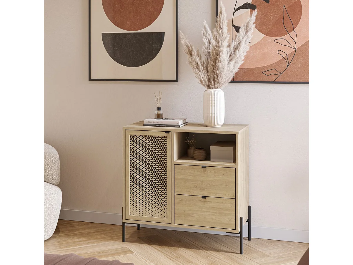 Meuble de rangement 1 porte 2 tiroirs en mélaminé imitation bois clair avec 1 porte sculptée piètement métal noir - MELISSA