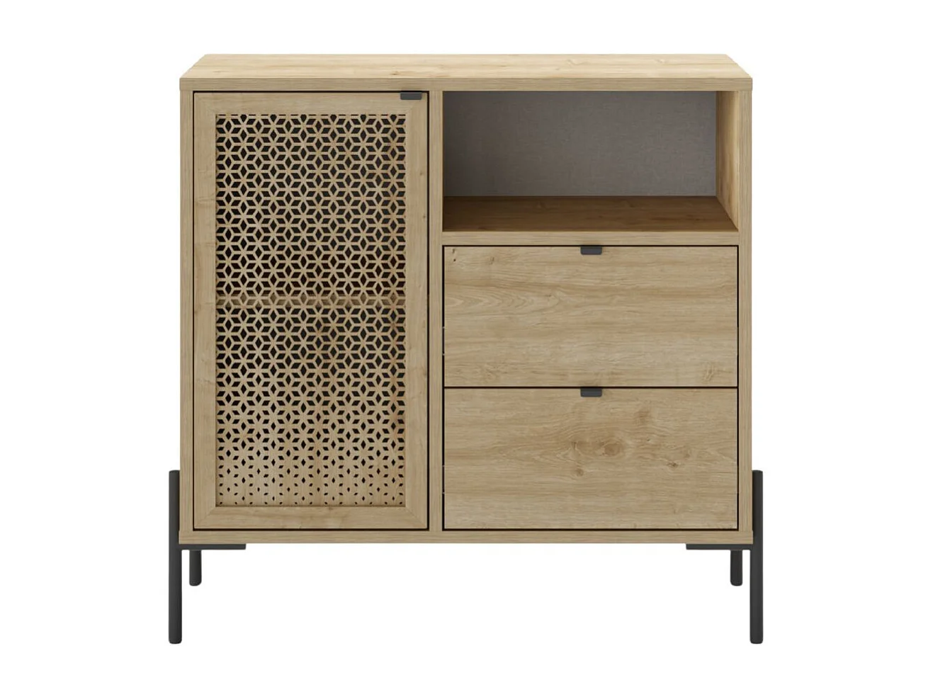 Meuble de rangement 1 porte 2 tiroirs en mélaminé imitation bois clair avec 1 porte sculptée piètement métal noir - MELISSA