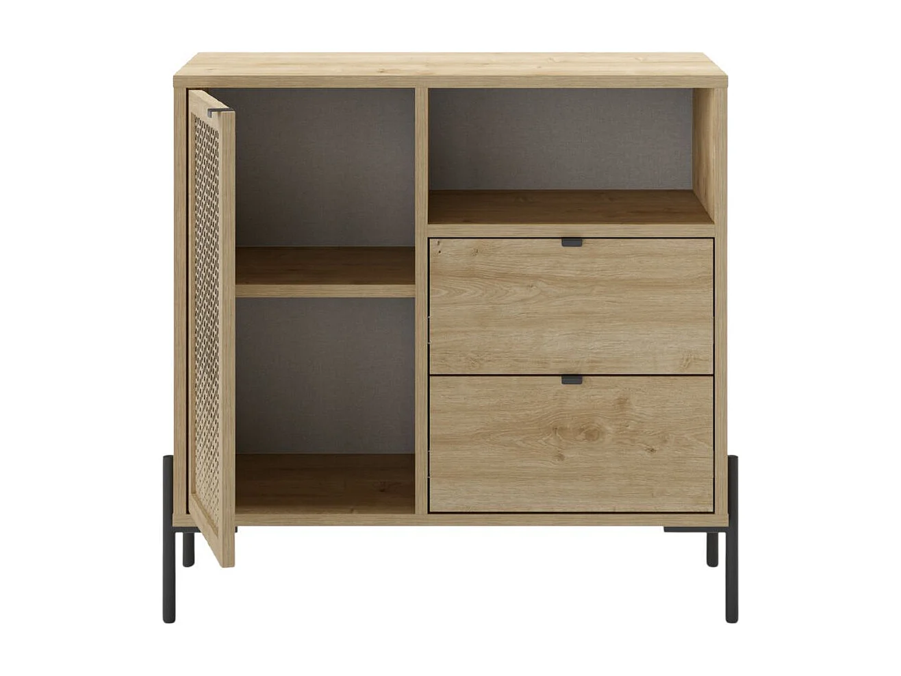 Meuble de rangement 1 porte 2 tiroirs en mélaminé imitation bois clair avec 1 porte sculptée piètement métal noir - MELISSA