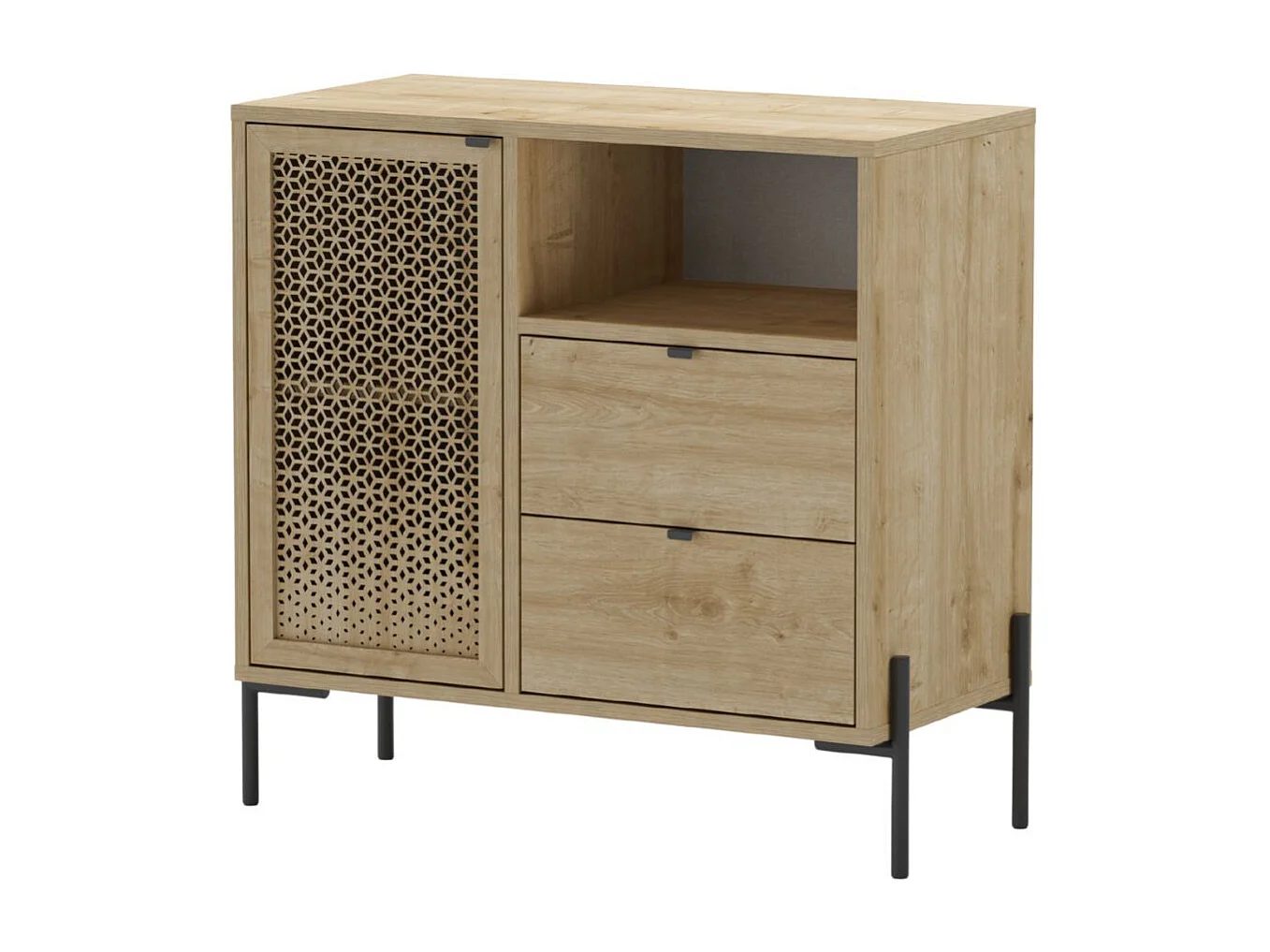Meuble de rangement 1 porte 2 tiroirs en mélaminé imitation bois clair avec 1 porte sculptée piètement métal noir - MELISSA
