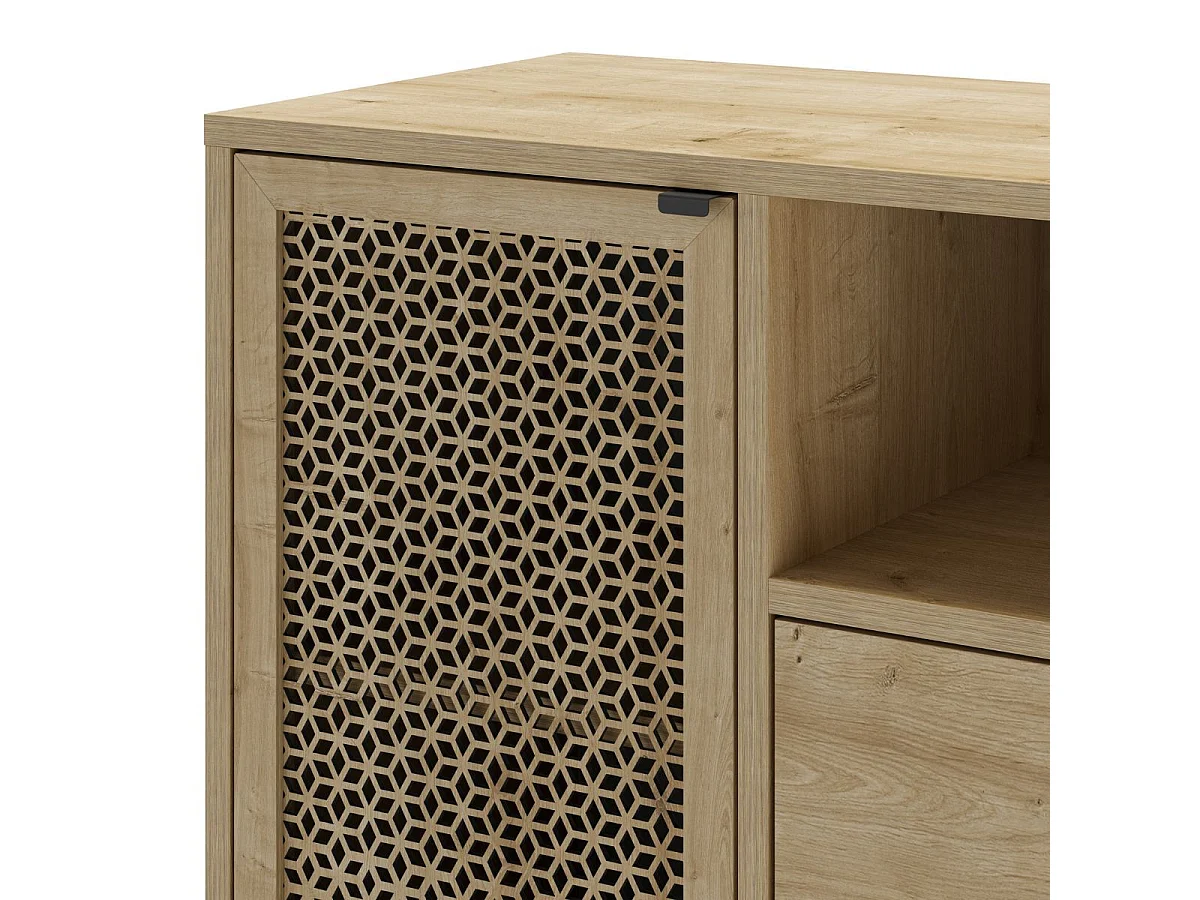 Meuble de rangement 1 porte 2 tiroirs en mélaminé imitation bois clair avec 1 porte sculptée piètement métal noir - MELISSA
