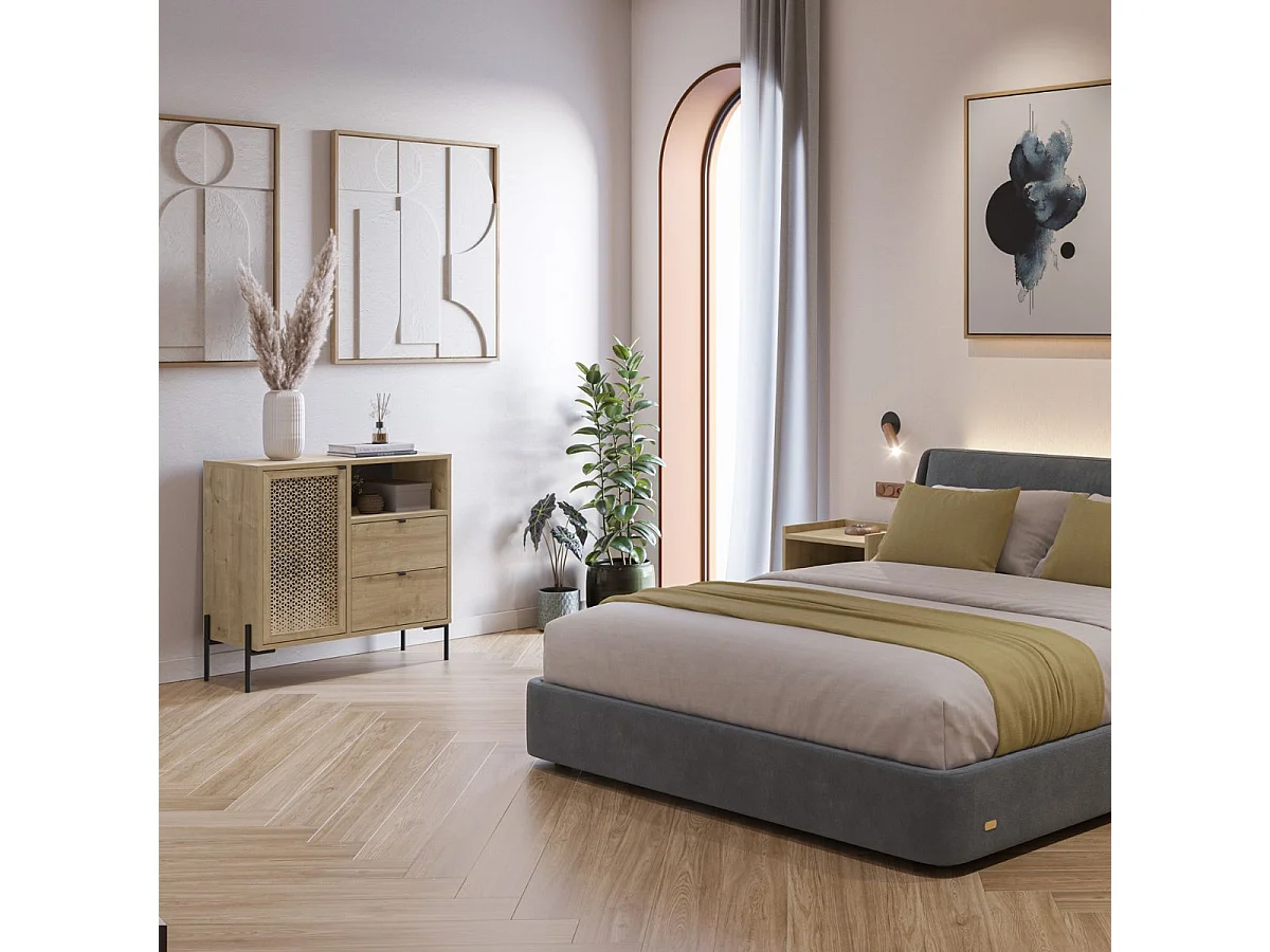 Meuble de rangement 1 porte 2 tiroirs en mélaminé imitation bois clair avec 1 porte sculptée piètement métal noir - MELISSA