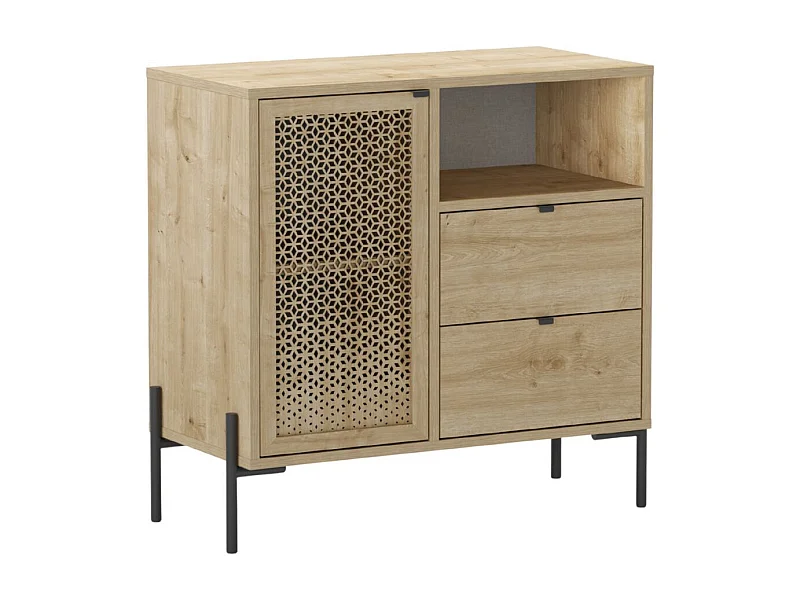 Meuble de rangement 1 porte 2 tiroirs en mélaminé imitation bois clair avec 1 porte sculptée piètement métal noir - MELISSA